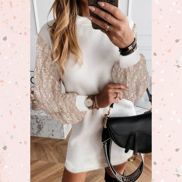 White Sequin Puff Sleeve Shift Mini Dress - Picture 1 of 4